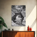 Reflective Rock Pool, Tranquil Nature, Monochrome Landscape, Black and White Framed Canvas Print, Minimalist Bathroom or Spa Wall Art