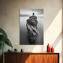 Solitary Cliff Tree, Calm Waters, Moody Horizon, Framed Canvas Print, Minimalist Nature Wall Art, Office Wall Decor, Zen Art