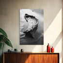 Driftwood Shore, Tidal Beauty, Washed Wood, Canvas Print, Coastal Beach Wall Art, Minimalist Bathroom Decor, Black and White Ocean Scene