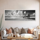 Lifeguard Tower Sky, Beach Scene Clouds, Surfside Minimalism, Framed Canvas Print, Bathroom Wall Art, Modern Coastal Decor