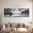 Misty Coastline, Dramatic Shore, Moody Ocean Scene, Framed Canvas Print, Coastal Living Room Art, Black and White Nature Decor