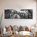 Tree Tunnel, Country Path, Fence Shadows, Framed Canvas Print, Black and White Nature Art, Rustic Wall Art, Autumn Entryway Decor