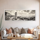 Coastal Stone Marker, Vintage Landscape, Ocean Bluff Wall Art, Sepia Tone Style, Canvas Print, Rustic Living Room Decor