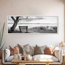 Quiet Lake Bench, Peaceful Reflection, Nature Photography, Framed Canvas Print, Serene Bedroom Decor, Minimalist Living Room Wall Art