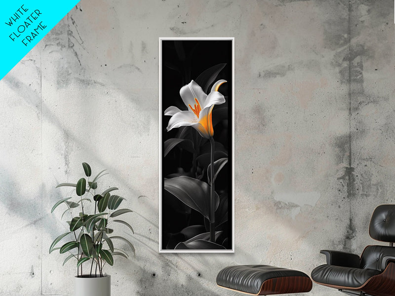 white lily wall art White Lily Bloom, Moody Flower Art, Dark Botanical, Elegant Glow, Framed Canvas Print Bedroom Wall Art, Modern Floral Minimalist