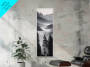 Foggy Mountains, Pine Forest, Valley Mist, Calm Landscape, Canvas Print, entryway wall art, cozy cabin vibes, grayscale art style