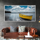 Yellow Rowboat, Calm Waters, Blue Sky, Sunny Lake – Framed Canvas Print, Summer Wall Art, Coastal Decor, Modern Nautical Style