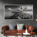 Yellow Lighthouse, Stone Jetty, Coastal Clouds, Nautical Scene, Framed Canvas Print, Coastal Wall Art, Office Decor, Lighthouse Photography