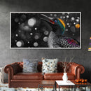 Singing Bird, Neon Plumage, Colorful Sparkle, Starry Night, Framed Canvas Print, Eclectic Art, Office Wall Art, Bright Animal Design