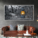 Lantern In Woods, Vintage Glow Light, Rustic Forest Scene, Canvas Print, Cabin Wall Art, Autumn Evening Mood, Minimalist Nature Decor