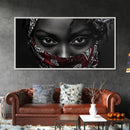 Fierce Eyes, Red Bandana, Bold Portrait, Afro Art, Framed Canvas Print, Bedroom Wall Art, Powerful Gaze, Monochrome With Red Accent