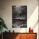 Lone Yellow Tree, Tranquil Pond, Forest Reflection, Canvas Print, Fall Nature Wall Art, Autumn Minimalist Decor, Peaceful Meditation Room