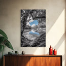 Blue Sky River, Tropical Trees, Natural Tranquility, Framed Canvas Print, Relaxing Bedroom Wall Art, Coastal Nature, Serene Landscape Decor