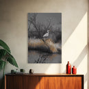 Egret Bird Scene, Autumn Riverbank, Wildlife Nature Print, Moody Wetland Landscape, Framed Canvas Print, Rustic Living Room Wall Art