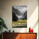 Yellow Meadow Valley, Foggy Mountain Scene, Serene Landscape Photography, Framed Canvas Print, Nature Lover Living Room Wall Art