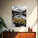 Yellow Wildflowers Lake, Alpine Meadow, Monochrome Landscape, Canvas Print, Kitchen Wall Art, Spring Nature Photography Decor