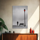 Red Street Lamp, Snowy Walkway, Silhouette Scene, Framed Canvas Print, Moody Wall Art, Minimalist Decor, Winter Vibes, Bedroom Accent