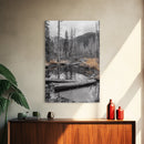 Forest Pond, Moody Woods, Black and White, Autumn Grass, Framed Canvas Print rustic cabin art, nature wall decor, woodland living room art