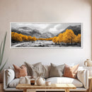 Golden Trees Trail, Snowy Peaks, Serene Landscape, Framed Canvas Print, Autumn Home Decor, Cozy Wall Art, Cabin Aesthetic