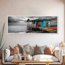 Rustic Shack, Ocean Pier, Stormy Skies, Tropical Retreat, Framed Canvas Print, Nautical Wall Art, Beach Cabin Decor, Lake House Style