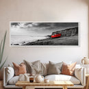 Red Boat, Rocky Shore, Dramatic Sky, Abandoned Vessel, Framed Canvas Print, Nautical Living Room Art, Moody Coastal Home Decor