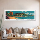 Honolulu Hawaii Panoramic Painting, Mid Century Modern Framed Canvas Print, Retro Pop Art Travel Poster, Home Wall Decor