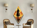 Bold Lone Cowboy Sunset Diamond Shaped Canvas Textured Print — Dramatic Western Rider Wall Art Country Rustic Ranch Home Decor