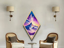 Stellar Mountain Majesty – Diamond Shaped Cosmic Landscape Wall Canvas Art Print with Purple Galaxy Sky and Snowy Peaks