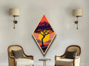 Retro Tree Horizon – Diamond Shaped Sunset Silhouette Canvas Embossed Print with Bold Colors and Stylized Nature Illustration