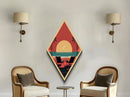 Sunset Lounge Scene – Diamond Shaped Coastal Chairs Silhouette Canvas Embossed Print with Retro Beach Sunset and Palm Views