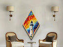 Vivid Beacon Blaze Diamond Shaped Canvas Textured Print, Colorful Lighthouse Coastal Wall Art, Nautical Sunset Abstract Decor
