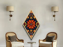 Crimson Bloom Folk Diamond Shaped Canvas Embossed Print featuring stylized red floral design dark background ethnic boho wall art vibrant palette