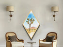 Mojave Tree Scene Diamond Shaped Canvas Textured Print, Watercolor Nature Landscape, Desert Mountain Western Wall Art