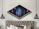 Enchanted Forest Glow – Diamond Shaped Canvas Art Print with glowing butterflies, dreamy purple woodland, fantasy wall decor, nightscape art