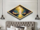 Golden Forest Path – Diamond Shaped Canvas Embossed Print with radiant trees, glowing sunset river, impressionist woodland nature painting