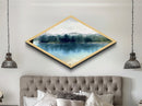 Quiet Riverbank Scene Diamond Shaped Canvas Art Print with woodland nature, blue green forest reflection painting, lakeview serenity