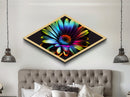 Neon Petal Burst Diamond Shaped Canvas Art Print with vibrant rainbow daisy, dark background floral decor, modern flower wall piece