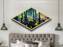 Rainfall Over Mountains Diamond Shaped Canvas Embossed Print, intense weather scene wall art, dramatic sky and landscape painting