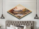 Woodland Reflections – Diamond Shaped Canvas Textured Print, Fall Forest Art, Water Scene Accent, Cozy Home Nature Wall Decor