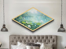 Tranquil Lily Pond Diamond Shaped Canvas Textured Print with peaceful lotus flowers, lake landscape art, spa room wall decoration