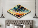 Enchanted Forest Path Diamond Shaped Canvas Embossed Print, glowing staircase fantasy decor, dreamy woodland surreal artwork
