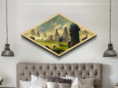 Shepherd’s Morning Peace Diamond Shaped Canvas Embossed Print, pastoral fantasy flock landscape, mystical sunrise with sheep art