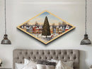Festive Town Square Diamond Shaped Canvas Embossed Print Christmas tree snowy village nostalgia seasonal living room holiday wall