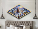 Magic Tree Lane Diamond Shaped Canvas Art Print snowy Christmas town glowing lights holiday gift home wall decor winter wonderland
