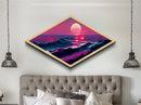 Crimson Horizon Sunset Diamond Shaped Ocean Landscape Canvas Embossed Print Coastal Red Waves Modern Nautical Wall Art Home Decor