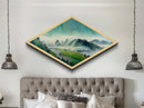Watercolor Hills Serenity Diamond Shaped Canvas Textured Print, Misty Mountains Landscape Wall Decor, Tranquil Pastel Green Tones