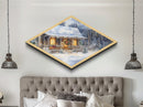 Winter Cabin Cheer – Diamond Shaped Canvas Textured Print snowy log cabin Christmas rustic winter holiday home decor cozy forest scene