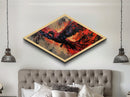 Fiery Phoenix Flight Diamond Shaped Canvas Textured Print red black bird in motion dynamic modern expressionism bold home wall statement