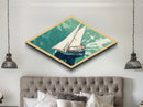 Serene Sailing Calm Diamond Shaped Canvas Textured Print illustrated boat over green sea minimalist marine design tranquil beach house vibe