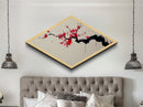 Crimson Blossom Flow Diamond Shaped Canvas Art Print Cherry Tree Japanese Ink Painting Nature Wall Decor Office or Bedroom Accent Piece